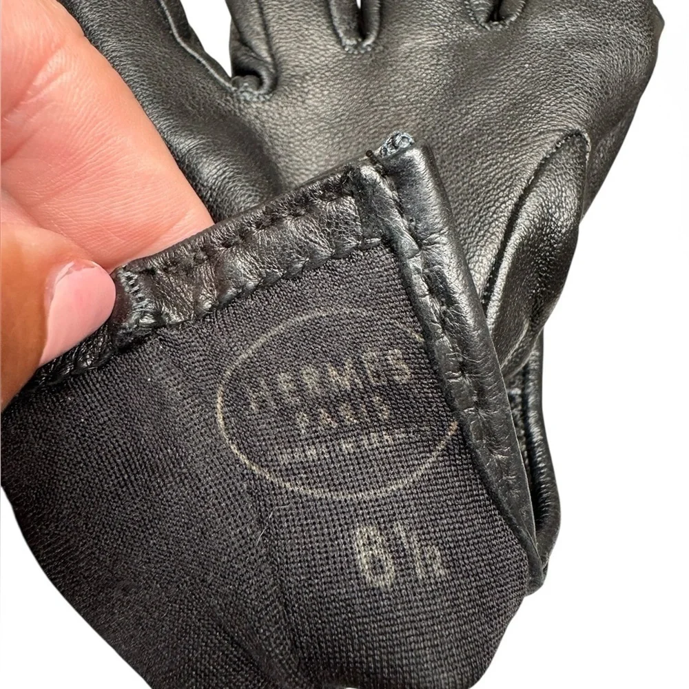 Hermes Kelly Constance Gold Amulette Black Lambskin Leather Gloves Size XS 6.5